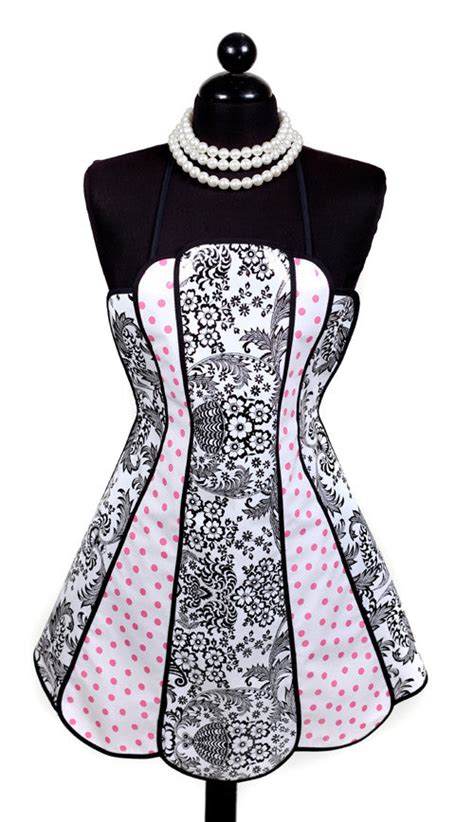 Retro Black And White Toile And Pink Polka Oilcloth Apron Oilcloth Alley