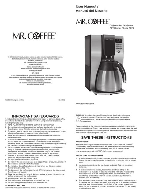 User Manual Manual Del Usuario Coffeemaker Cafetera Pstx Series