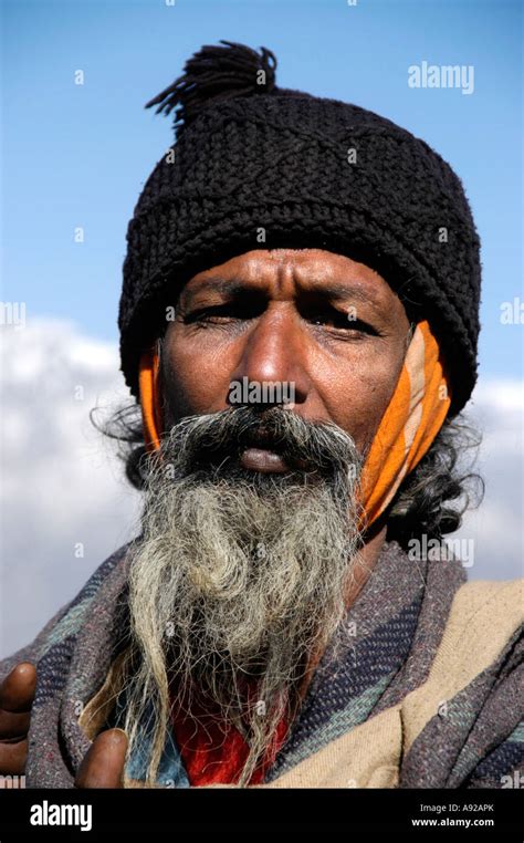 Portrait Hindu Pilgrim Sadhu With Beard And Woolen Cap Muktinath