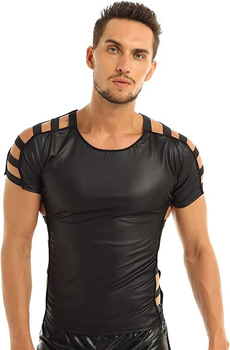 Chictry Men S Wet Look Faux Leather Short Sleeve T Shirts Slim Fit