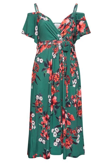 yours london plus size green floral cold shoulder wrap dress yours clothing