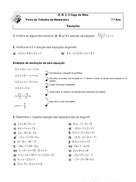 Ficha De Trabalho Equações Equações Objetos Matemáticos