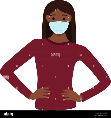 Dark Skinned Woman In Medical Mask To Protect Against Virus On White Background Vector