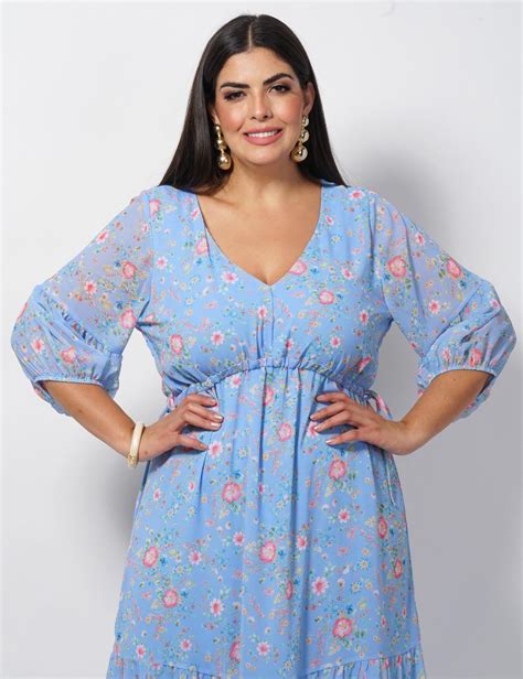 Vestido Longo Chiffon Estampado Azul Dona Charme