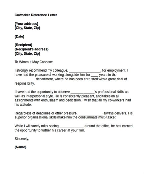 Co Worker Letter Of Recommendation Template Database