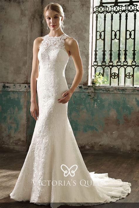 Uniquely Elegant Ivory Lace Halter Mermaid Wedding Dress With Chapel