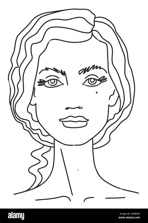 Abstract Portrait Of A Girl With Curly Hair Line Drawing Face