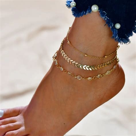 Fashion Moda Praia Crystal Sequins Anklet Set For Women Beach Foot