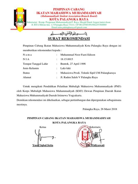 Contoh Surat Rekomendasi Ikatan Mahasiswa Muhammadiyah Imm Pdf