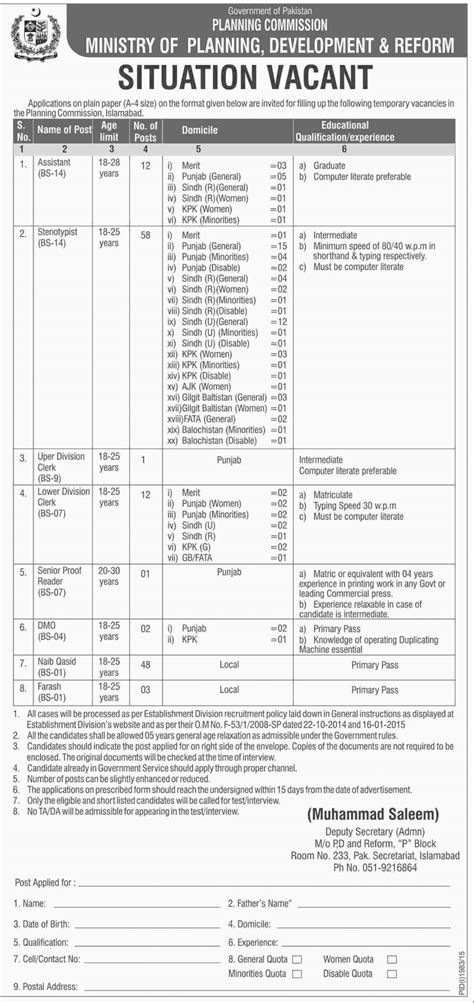 Ministry Of Planning Development And Reform Islamabad Jobs 2015 Form Date