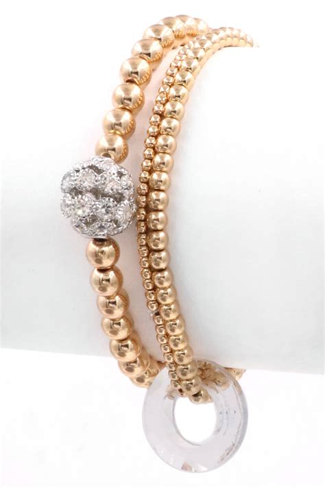 Gold Metal Bead Pave Ball Bracelet Set Bracelets