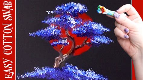 🔴 Rising Sun Bonsai Tree Q Tip Acrylic Painting For Beginners Tutorial 🌳 Youtube