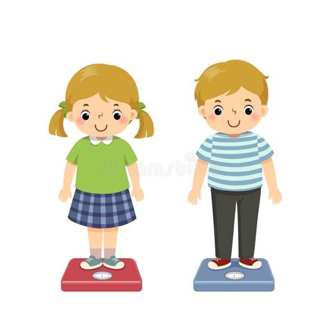 A Cartoon Kids Checking Their Weight On The Scales Stock Vector