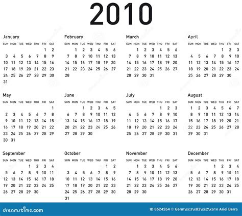 Einfacher Kalender Für 2010 Vektor Abbildung Illustration Von Wochen