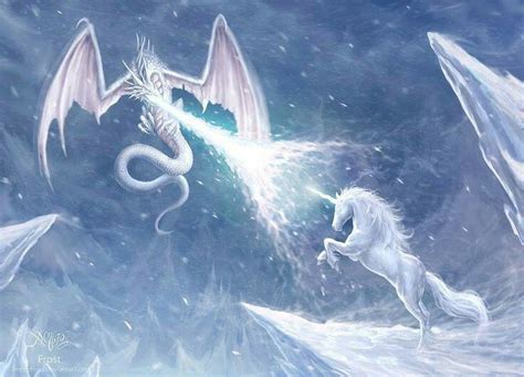 Ice Dragon Fighting A Unicorn Dragons Mythical Fantasy Art