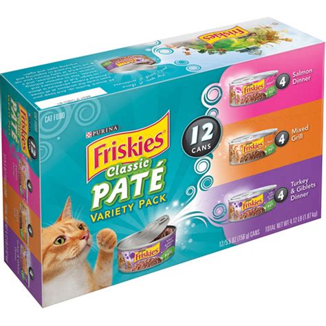 The mix of ocean whitefish and tuna in this premium cat food delivers rich seafood flavor, and the smooth pate invites her to nibble away at the delectable goodness found in every serving. Friskies Wet Cat Food, Classic Pate Variety Pack, 5.5 oz ...