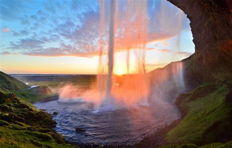 Wallpaper Sunset Waterfall Stream Iceland Iceland Seljalandsfoss