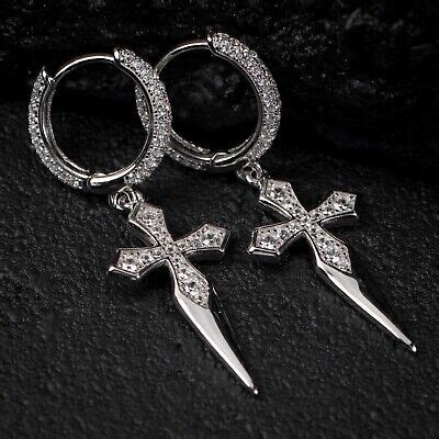 Men S Hanging Iced Cross Dagger Dangle Huggie Hoop Sterling Silver