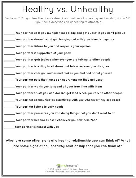 Healthy And Unhealthy Relationships Worksheets