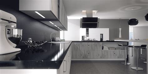 Visualiza el estilo de tu cocina equipada en un espacio de vida realista. Ambientes 3d Cocina blanco y negro | Cuantico infografia ...