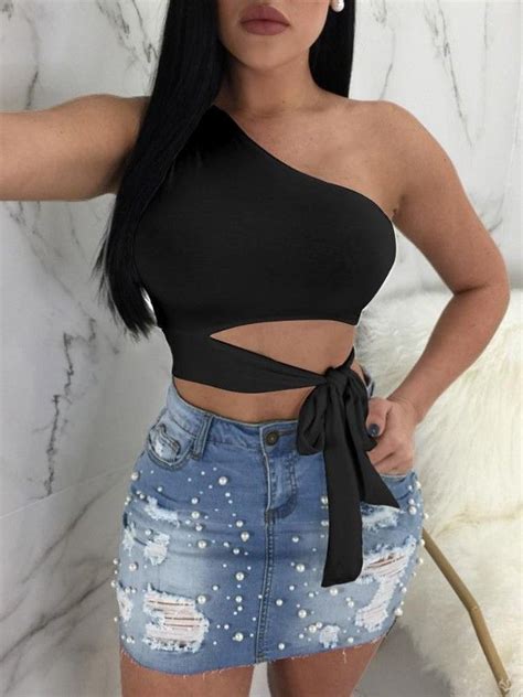 Solid Color One Shoulder Tie Waist Cropped Top Crop Shirt Cropped Tank