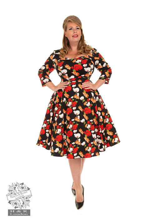 Delia Floral Swing Dress In Plus Size In Blackred Hearts And Roses London