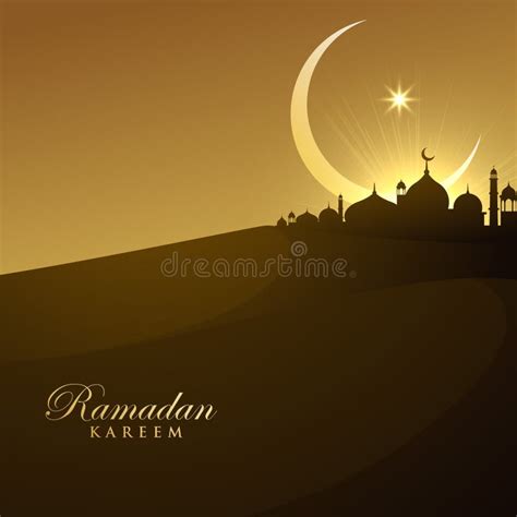 Beautiful Mosque Silhouette In Night With Crescent Moon And Star Stock