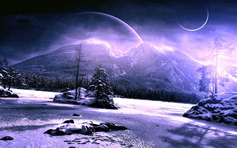 Snow Winter Trees Mountains Alien Landscape Planets Purple Hd Wallpaper