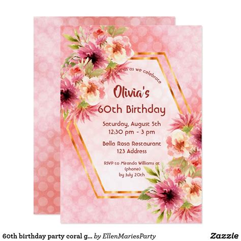 For extra brownie points, you could customise the card with their name. 60th birthday party coral gold flowers geometric ...