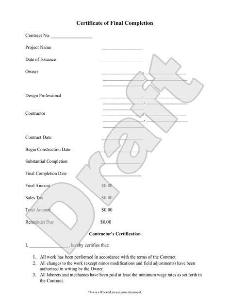 Sample Certificate Of Final Completion Form Template Certificate Of