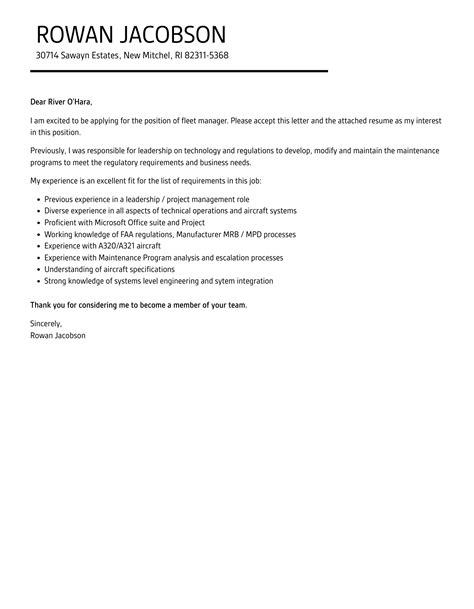 Fleet Manager Cover Letter Velvet Jobs