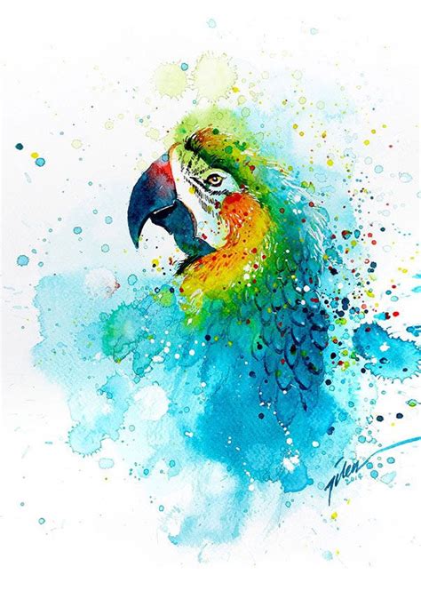 A Painting Of A Colorful Parrot With Splashes On Its Body And Head