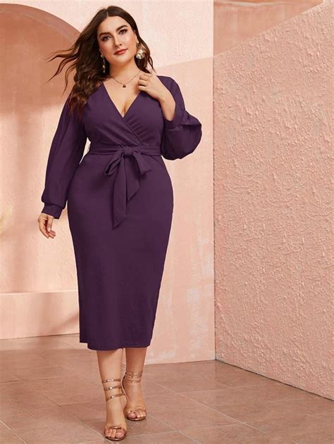 Shein Plus Self Belted Lantern Sleeve Split Hem Pencil Dress Pencil Dress Plus Size Nightclub