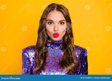 Photo Of Young Fancy Girl Flirty Pouted Lips Send Air Kiss Wear Sequins