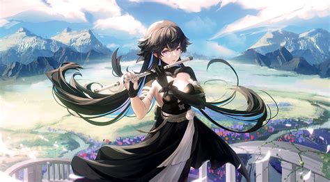 anime anime girls flute musical instrument dress black dress dark hair long hair landscape
