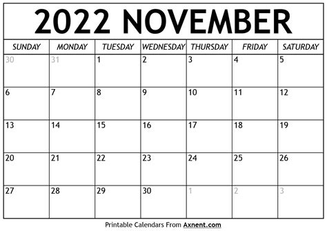 Printable November 2022 Calendar Template Print Now