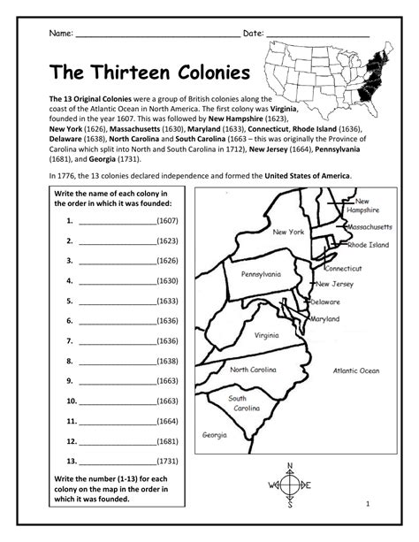 Map Of The Thirteen Colonies Worksheets