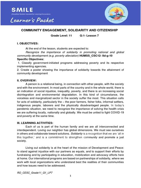Community Engagement Solidarity And Citizenship Grade Level 11 Q1