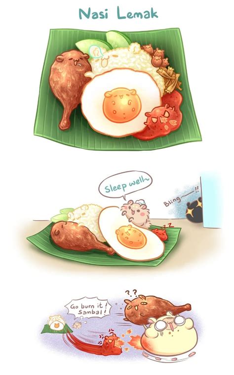 Nasi lemak is a meal that consists of rice cooked in coconut milk served with sambal and garnishes the rice in nasi lemak is cooked in much the same way as rice is cooked in water except that the. Nasi Lemak | WEBTOON in 2020 | Cute food art, Cute food ...