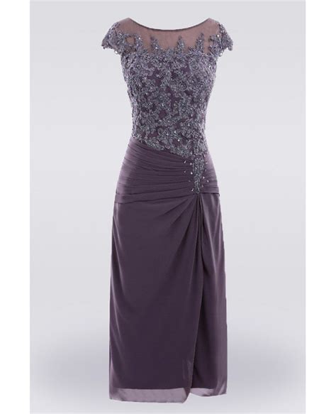 Purple Knee Length Lace Mother Of The Bride Dress With Sleeves Custom