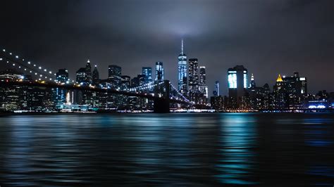 خلفيات أماكن حول العالم New York City Night Lights Brooklyn Bridge 5k