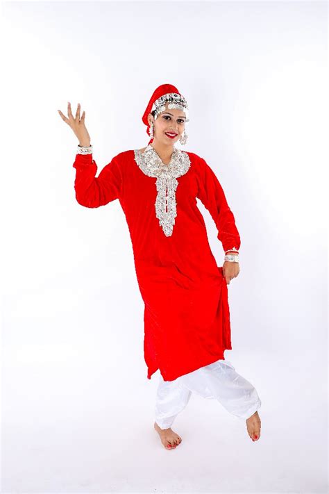 Kashmiri Rouf Dance Fancy Dress Costume For Girls In Red And White Color