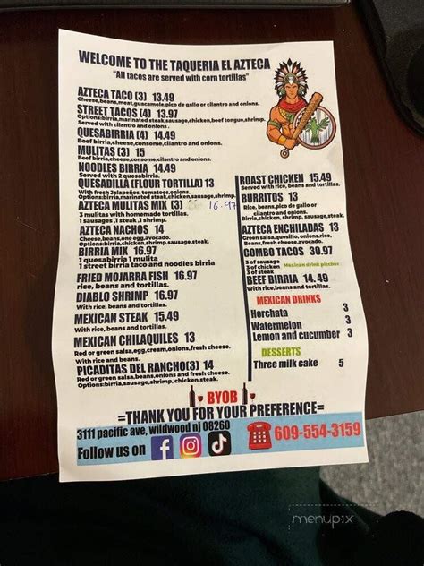 Menu of Taqueria El Azteca in Wildwood, NJ 08260