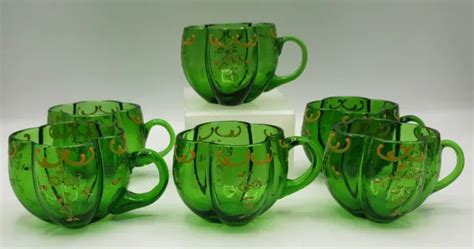 6 Antique Bohemian Moser Style Enameled Lobed Quatrefoil Green Glass 2 25 H Cups 66 50 Picclick