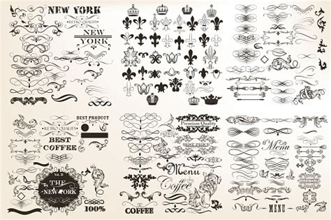 Collection Or Set Of Vector Vintage Flourishes For Design In Antique