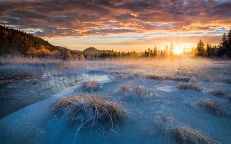 Sunrise Winter Morning In Norway Snow Ice Frozen Lake Sky Clouds Nature