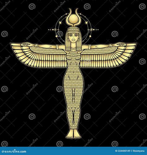 Animation Portrait Egyptian Winged Goddess Isis With Horns And A Sun