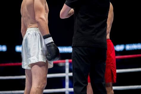 Premium Photo Boxers And Referee Standing In Boxing Ring