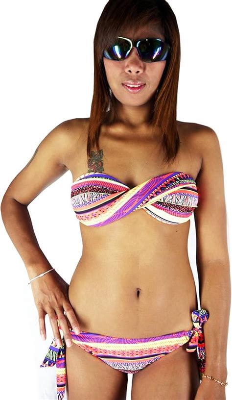 Bandeau Bikini Yellow Orange Purple Black Wavey Stripes Twisted Tube Brief Bandeaux