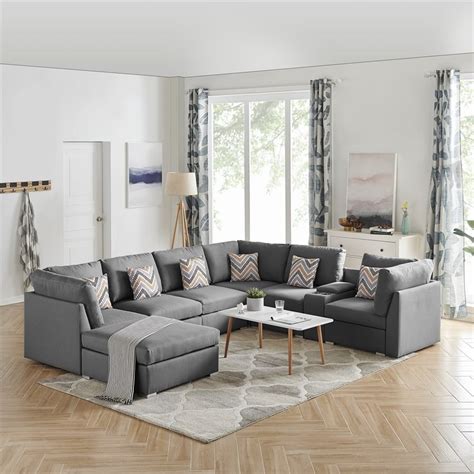 Amira Gray Fabric Reversible Sectional Sofa With Usb Storage Console